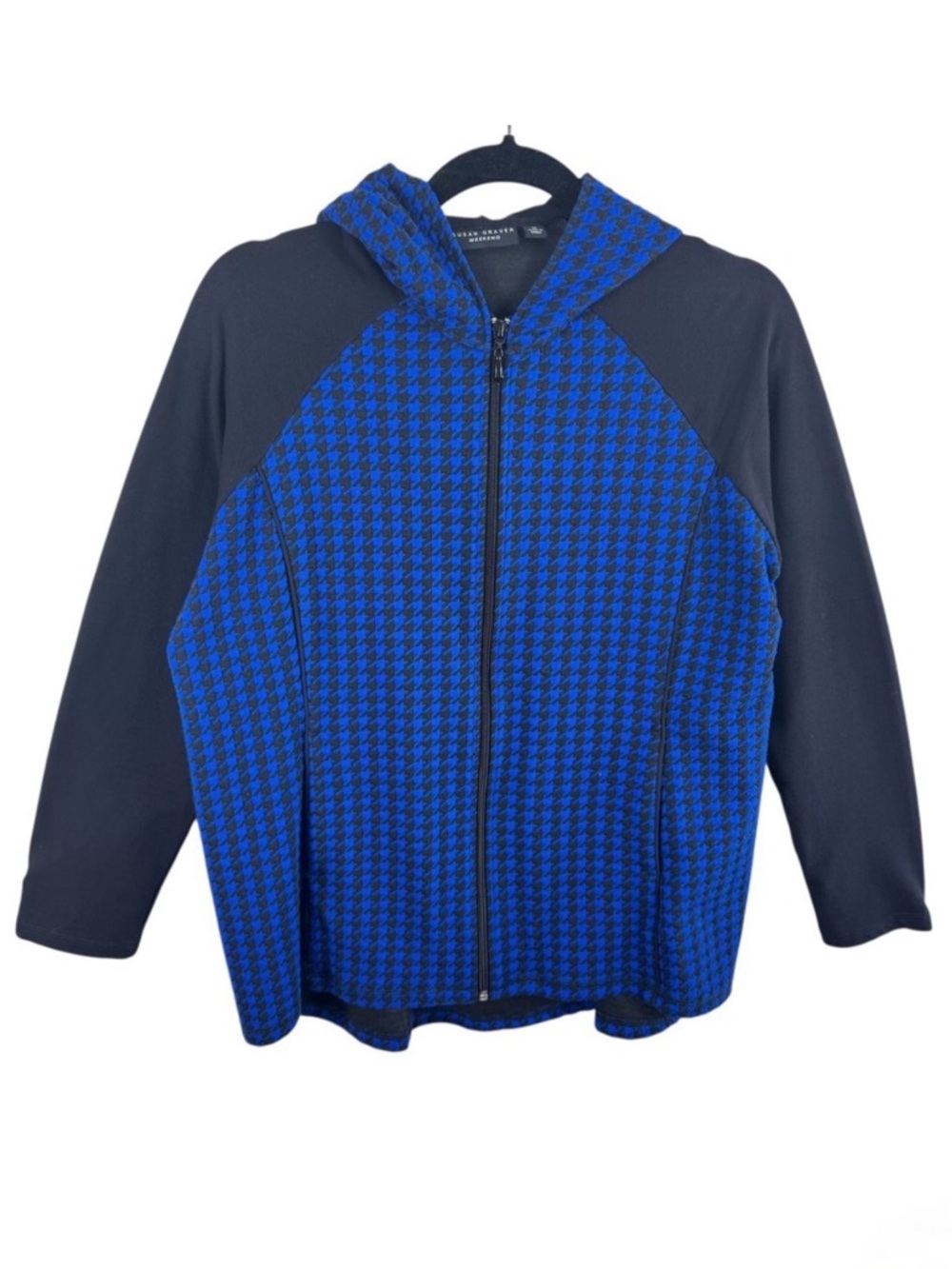 Susan Graver Weekend Blue Black Houndstooth Full Zip Knit Hoodie Jacket‎ Women M